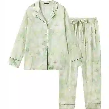 舒雅 植物翻领清新上衣舒适透气长裤睡衣套装 女款 浅绿