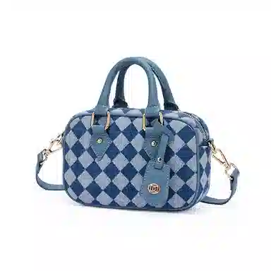 红蜻蜓 复古棋盘格 织物合成革 单肩包手提包 男女同款情侣款 牛仔蓝