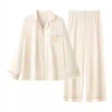莫代尔 清新舒适翻领柔软亲肤长袖上衣家居服可外穿不易起球长裤睡衣套装 女款 杏色