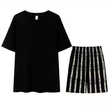 兰缪 休闲条纹舒适短袖五分裤睡衣套装 男款 图片色