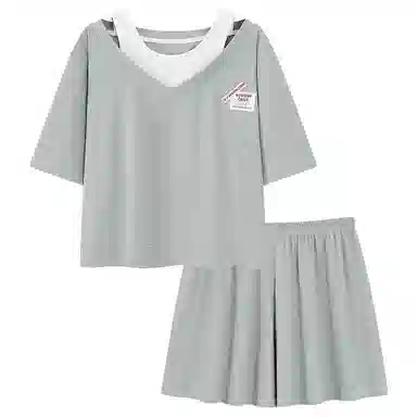 夏芬妍 柔软舒适甜美纯色假两件冰丝螺纹家居服亲肤休闲带胸垫短袖短裤时尚可外穿睡衣套装 女款 灰色