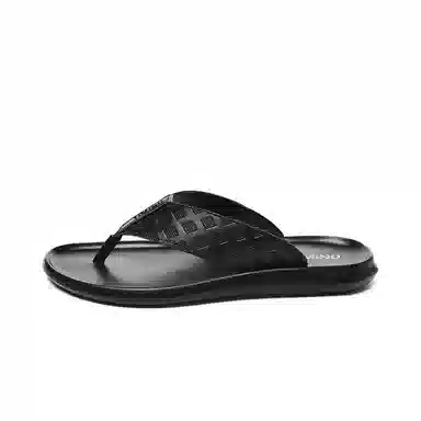 依米奴 高颜值 天花板 推荐 真皮年轻 时尚潮流 舒适柔软耐折 雅痞帅气 户外家居  橡胶底 图腾车缝线皮革拼接 防滑人字拖鞋 男款 黑色