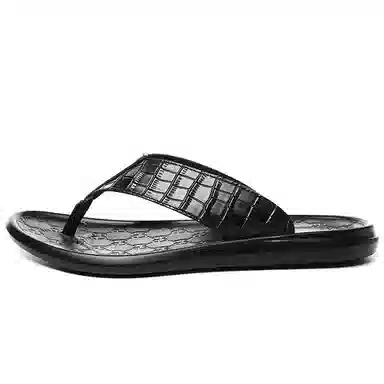 依米奴 高颜值 户外家居 真皮年轻 舒适柔软耐折 时尚潮流 雅痞帅气 真皮质感 百搭 不累脚 黑武士 橡胶底 绣花 防磨人字拖鞋 男款 黑色