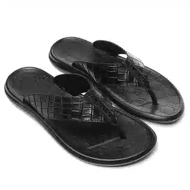 依米奴 高颜值 户外家居 真皮年轻 舒适柔软耐折 时尚潮流 雅痞帅气 真皮质感 百搭 不累脚 黑武士 橡胶底 绣花 防磨人字拖鞋 男款 黑色