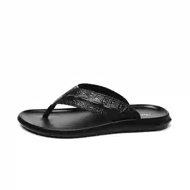 依米奴 高颜值 天花板 推荐 真皮年轻 时尚潮流 舒适柔软耐折 雅痞帅气 户外家居  橡胶底 图腾车缝线皮革拼接 防滑人字拖鞋 男款 黑色