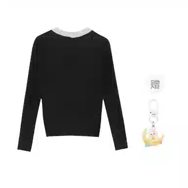 柏黛妃 假两件短款长袖上衣针织衫 女款 黑色+赠品