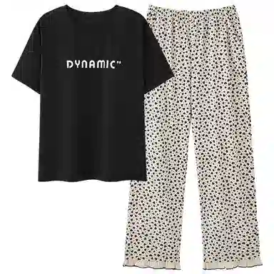 莫代尔 时尚宽松百搭圆领套头轻盈透气休闲不易起球短袖长裤可外穿夏季睡衣套装 女款 黑色