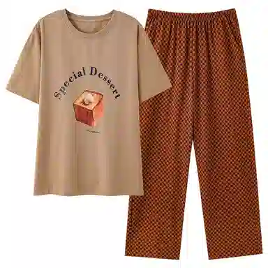 莫代尔 百搭舒适轻盈透气圆领套头时尚柔软亲肤细腻不易起球短袖长裤可外穿夏季睡衣套装 女款 棕色