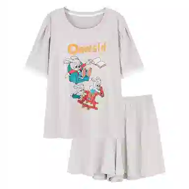 夏芬妍 柔软舒适慵懒风卡通兔子圆领家居服亲肤休闲带胸垫短袖短裤时尚可外穿睡衣套装 女款 灰色