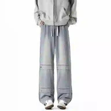 王者荣耀 标语款 美式复古金属夹标做旧水洗微喇直筒字母设计高街微喇休闲阔腿显瘦垂感长裤牛仔裤 男女同款