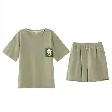 莫代尔 可外穿休闲时尚亲肤微弹圆领短袖春夏季睡衣套装 女款 绿色