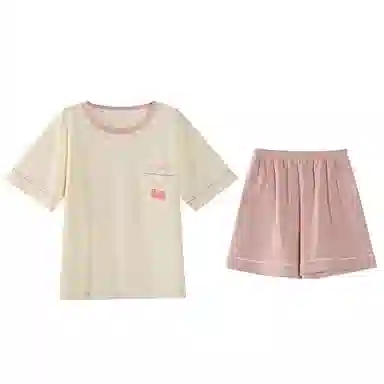 莫代尔 可外穿休闲时尚亲肤微弹圆领套头短袖带杯垫春夏季睡衣套装 女款 杏色