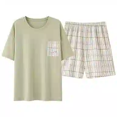 棉基因 纯色格子家居服带胸垫防凸点简约舒适亲肤吸湿排汗透气薄款短袖睡衣套装 女款 绿色