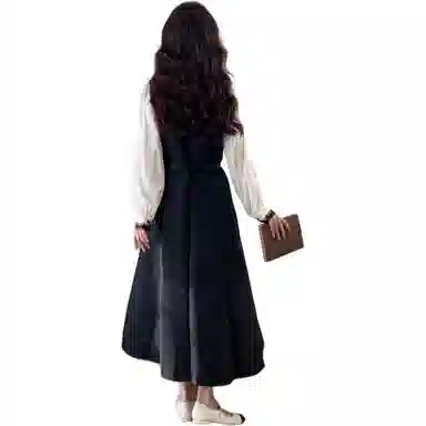 莫代尔 学院风撞色提花雪纺假两件长袖连衣裙 女款 黑茶灰