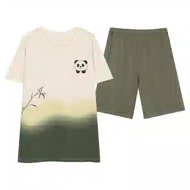 莫代尔 休闲舒适时尚个性圆领套头气质百搭宽松柔软不易起球短袖可外穿夏季睡衣套装 男款 墨绿色