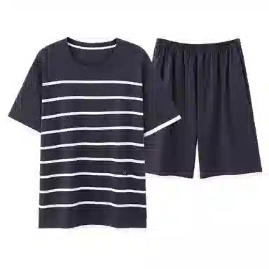 夏芬妍 柔软舒适休闲圆领经典条纹纯棉短袖短裤时尚可外穿家居服 睡衣套装 男女同款