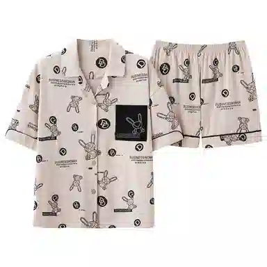 莫代尔 可外穿亲肤柔软圆领细腻简约休闲短袖春夏季睡衣套装 男女同款