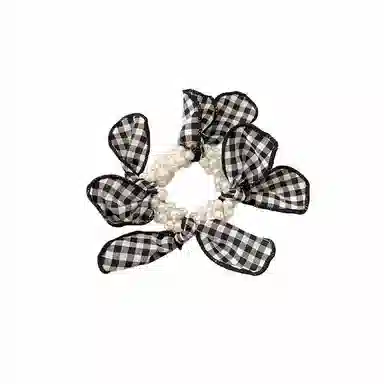水中玉 黑白格蝴蝶结珍珠发圈气质扎头皮筋发绳发饰 布艺 头绳 女款