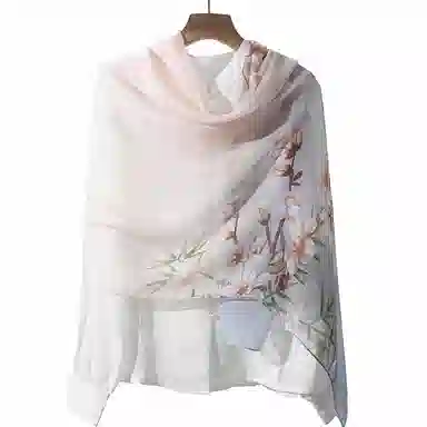 上海故事 春满山雪纺长巾出游外搭国风印花气质仙仙 桑蚕丝 丝巾 女款