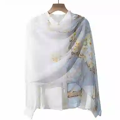 上海故事 春满山雪纺长巾出游外搭国风印花气质仙仙 桑蚕丝 丝巾 女款