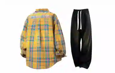 王者荣耀 梦奇款 美式复古翻领经典格子百搭宽松长袖纯色高级感弹力直筒休闲裤衬衫套装 男女同款