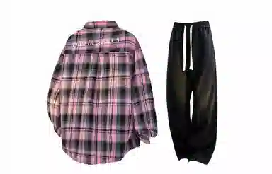 王者荣耀 梦奇款 美式复古翻领经典格子百搭宽松长袖纯色高级感弹力直筒休闲裤衬衫套装 男女同款