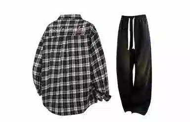 王者荣耀 梦奇款 美式复古翻领经典格子百搭宽松长袖纯色高级感弹力直筒休闲裤衬衫套装 男女同款