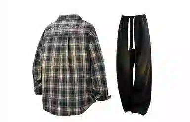 王者荣耀 梦奇款 美式复古翻领经典格子百搭宽松长袖纯色高级感弹力直筒休闲裤衬衫套装 男女同款