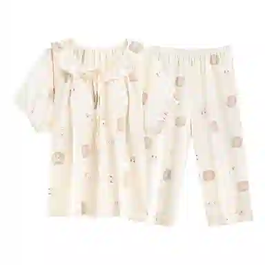 细舍 卡通提花圆领带胸垫上衣舒适透气七分裤睡衣套装 女款 浅卡其