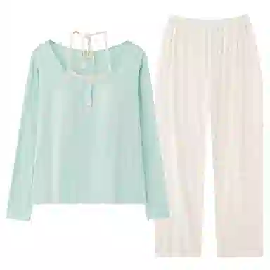 夏芬妍 时尚舒适柔软甜美假两件碎花带胸垫家居服简约休闲亲肤宽松长袖长裤可外穿睡衣套装 女款 绿色