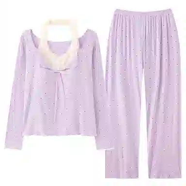 夏芬妍 时尚舒适柔软甜美假两件小爱心带胸垫家居服简约休闲亲肤宽松长袖长裤可外穿睡衣套装 女款 紫色