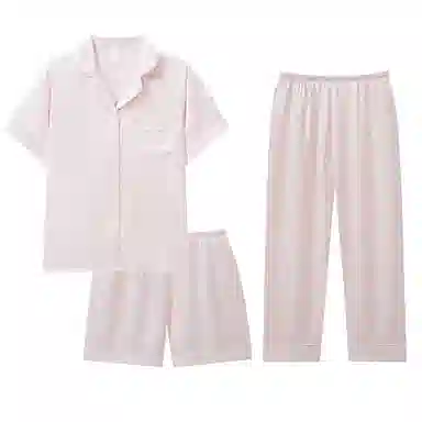 夏芬妍 简约舒适高级感气质提花冰丝翻领家居服亲肤宽松休闲短袖短裤长裤三件套可外穿睡衣套装 女款 粉色