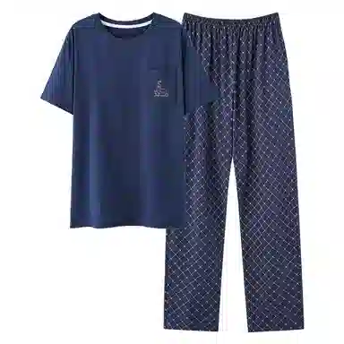 莫代尔 舒适透气简约圆领百搭短袖上衣可外穿居家服长裤睡衣套装 男款 深蓝色