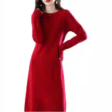 恒源祥 圆领纯色休闲长袖连衣裙 女款