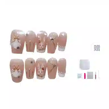 几多萌 穿戴甲假指甲贴片兔子美甲洛可可兔可拆卸  短梯粉色腮红晕染