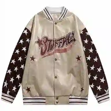 费尔岛上的猫  美式复古五角星刺绣拼接潮牌宽松炸街棒球服 男女同款 杏色