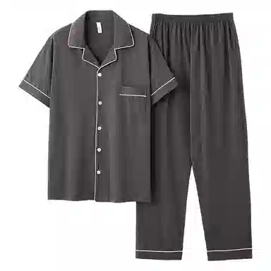 兰缪 开衫纯色大码简约休闲短袖长裤睡衣套装 男款