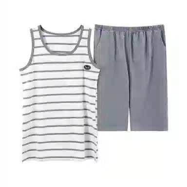 细舍 家居服背心纯棉无袖舒适简约休闲睡衣套装 男款 白灰条纹