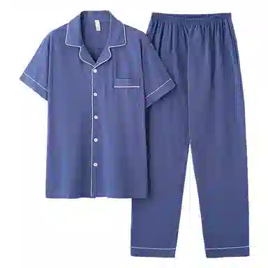 兰缪 开衫纯色大码简约休闲短袖长裤睡衣套装 男款