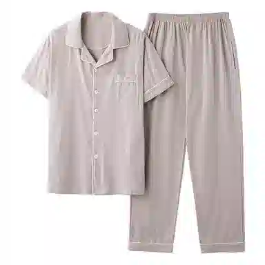 兰缪 开衫纯色大码简约休闲短袖长裤睡衣套装 男款