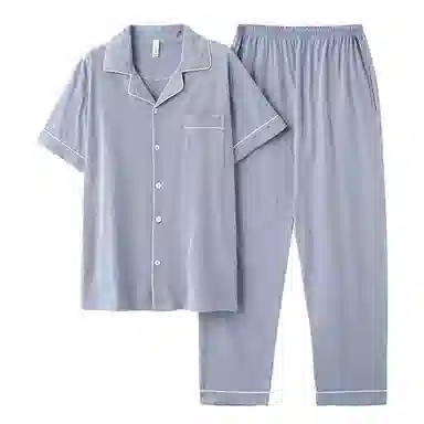 兰缪 开衫纯色大码简约休闲短袖长裤睡衣套装 男款