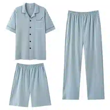 夏芬妍 简约舒适纯色纯棉翻领家居服亲肤宽松休闲短袖短裤长裤三件套时尚可外穿睡衣套装 男款 青蓝色