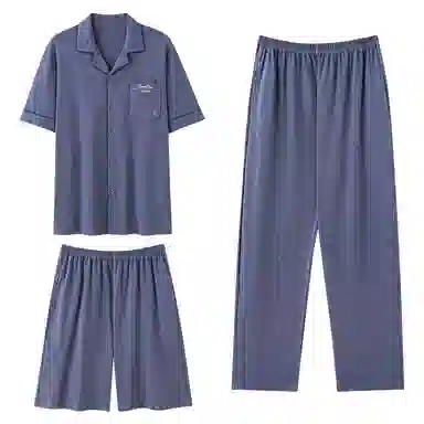 夏芬妍 简约舒适纯色纯棉翻领家居服亲肤宽松休闲短袖短裤长裤三件套时尚可外穿睡衣套装 男款 黛蓝色