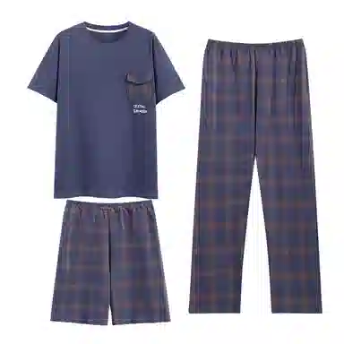 莫代尔 舒适圆领短袖上衣休闲简约透气短裤可外穿家居服长裤睡衣套装 男款 深蓝色