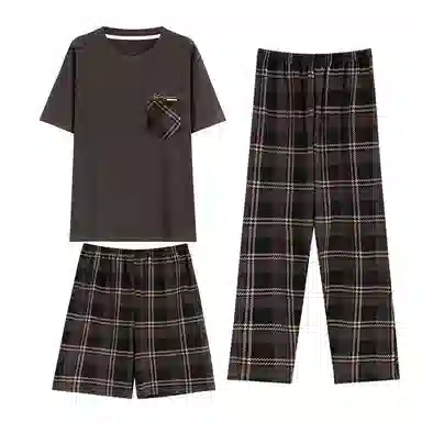 莫代尔 舒适透气百搭圆领套头上衣格子裤子睡衣套装 男款 棕色