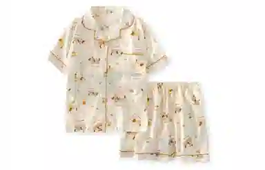 夏芬妍 柔软舒适欢乐腊肠狗云朵棉翻领开衫家居服亲肤休闲短袖短裤可外穿睡衣套装 女款 杏色