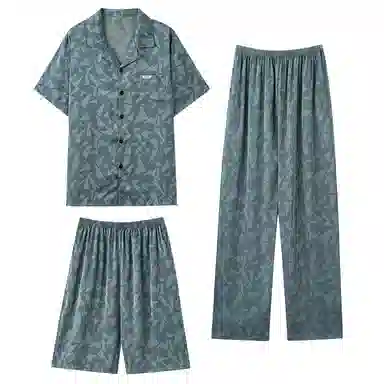 莫代尔 舒适百搭翻领短袖上衣柔软亲肤短裤可外穿家居服长裤睡衣套装 男款 暗青色