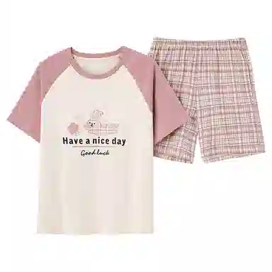 芬腾可安 卡通小兔子字母印花带胸垫上衣格子透气三分裤睡衣套装 女款 杏色