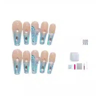 几多萌 【琉璃蝴蝶】 蝴蝶美甲高级氛围  穿戴甲 短梯梯型长款蓝色裸色 法式 琉璃感纯欲风