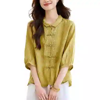 曲韩 翻领刺绣盘扣半袖小衫上衣洋气复古苎麻七分袖春季衬衫 女款